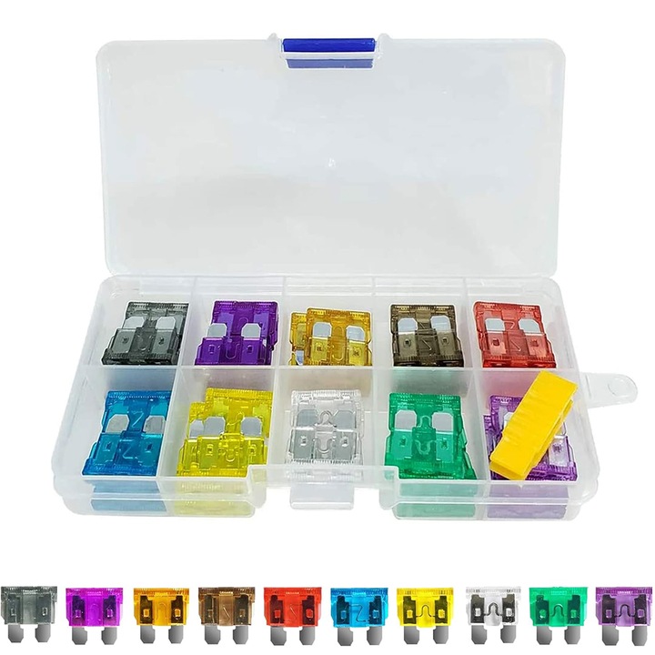 Pachet de sigurante auto, Minetgnon®, 50 pieses, 2A, 3A, 5A, 7.5A, 10A, 15A, 20A, 25A, 30A, 35A