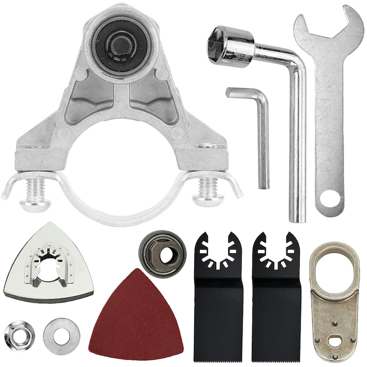 Adapter Oscilant, Minetgnon®, Pentru Polizor Unghiular 115/125, Cu discuri de taiere oscilante, Slefuirea rugoasa, Montare rapida, Aluminiu/Otel Carbon, 13 piese, Argintiu