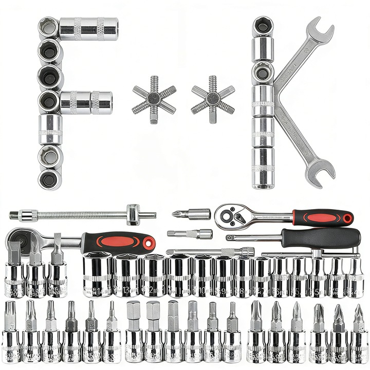 Trusa de scule, Minetgnon®, 1/4", Set de chei pentru reparatii auto la domiciliu, Tubulare, Prelungitoare, Clichet, Cu cutie de depozitare, Otel crom-vanadiu, 46 Piese, Rosu