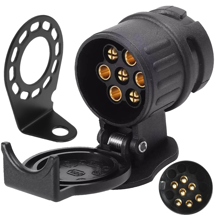 Adaptor pentru remorca, Minetgnon®, Cu suport priza remorca, De la 13 la 7 pini, 12V, Cu capac de protecti, Impermeabilizare, Nylon/Brass, 2 piese, Negru