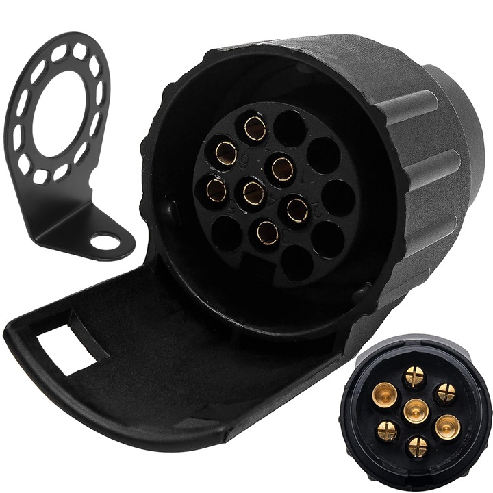 Utánfutó adapter, Minetgnon®, Utánfutó aljzattartóval, 7-13 érintkezős, 12V, Védőburkolattal, Vízszigetelés, Nylon/Sárgaréz, 2 db, Fekete