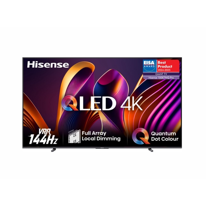 Hisense 100"-es E7NQ Pro TV, 4K Ultra HD 3840x2160, ULED, FALD, Quantum Dot, 144Hz, IPS, HDR 10+, HLG, Dolby Vision IQ, Dolby Atmos, Okostévé, WiFi 5GHz, WiFi Direct, BT, Anyview Cast, 4xHDMI, 2xUSB, LAN, CI+, DVB-T2/C/S2, Fekete 100E7NQ_PRO