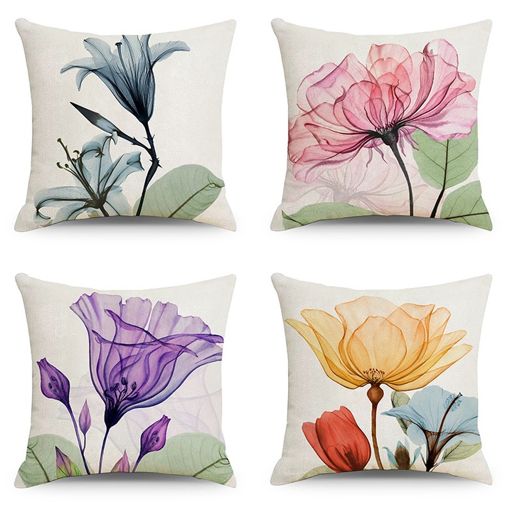 Set 4 fete de perna, design flori de cerneala, Sunmostar, len, 45x45cm, multicolor