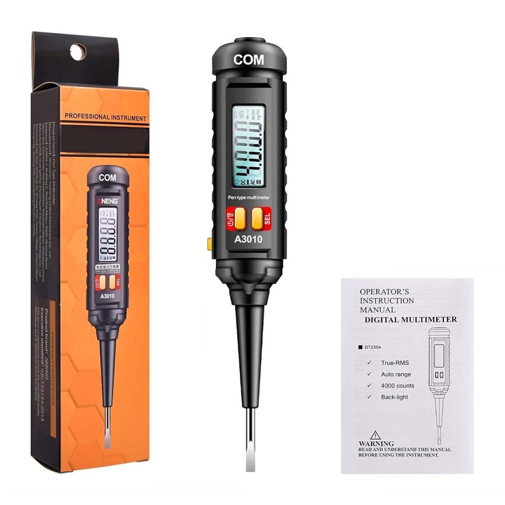 Detector de tensiune si tester faze fara contact, detectie NCV, 12-300V, Afisaj LCD, inductie camp electric, test de continuitate, test baterie, afisaj digital, Lanterna Incorporata, OUYLAF, Negru