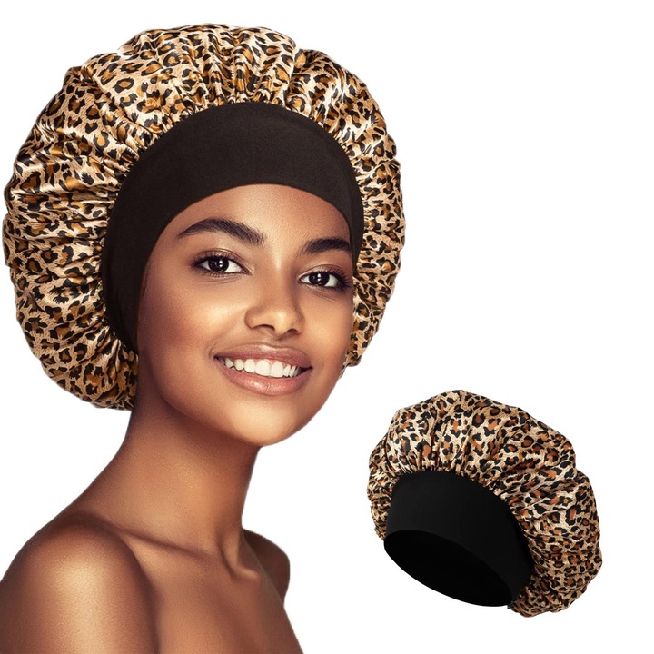 Сатенена шапка за спане, Stnqtsrv, широк ластик, предпазва косата, леопардово черно