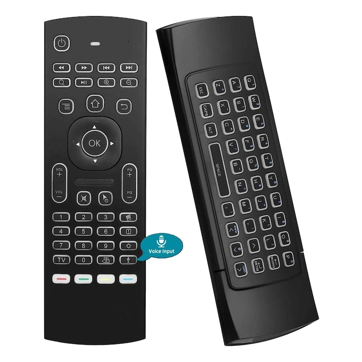 Универсално "air mouse" дистанционно с функция мишка, 4 в 1, функция подсветка, гласово дистанционно управление, MX3, безжично, клавиатура, USB, смарт ТВ/компютър/лаптоп, OUYLAF, Черен