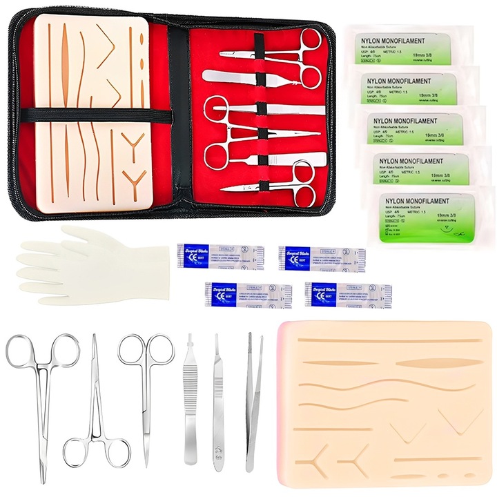 Kit complet pentru practicarea suturii, Enforose, 19 bucati, piele de practica, portabil