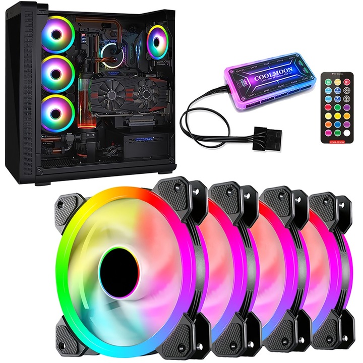 Set 4 Ventilator pentru calculator, Noonedibs, Lama principala a ventilatorului, ARGB, Telecomanda, 120x120x25mm, controller si telecomanda, Negru