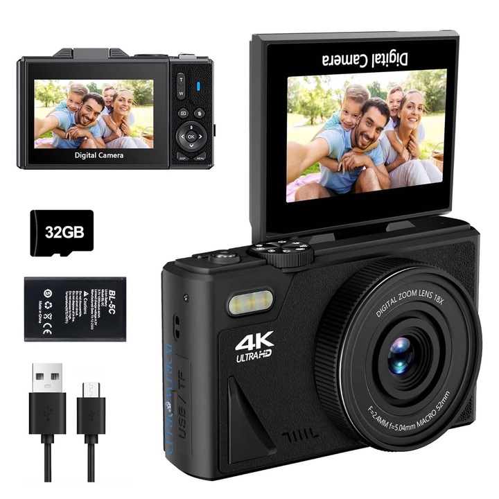 Digitális fényképezőgép, 4K, 64 MP, 18X digitális zoom, autofókusz, hordozható, rázkódásmentes, 3,0 hüvelykes összehajtható kijelző, támogatja a WiFi kapcsolatot, 32 GB SD kártya, OUYLAF, fekete