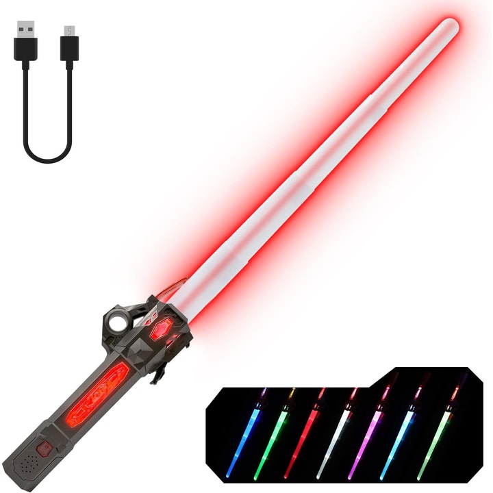 Sabie luminata pentru copii, 7 schimbari de culoare, cu efecte sonore, reglabila, reincarcabila prin USB, OUYLAF, Negru