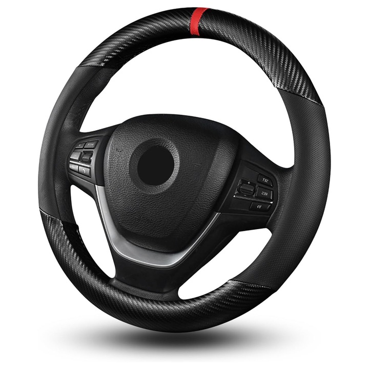 Husa Volan, Piele Carbon Texturata, Antiderapanta, Inel Cauciuc, diametru 38 cm, Se potriveste pentru majoritatea masinilor, camioane, SVU, YQLAFT, Negru