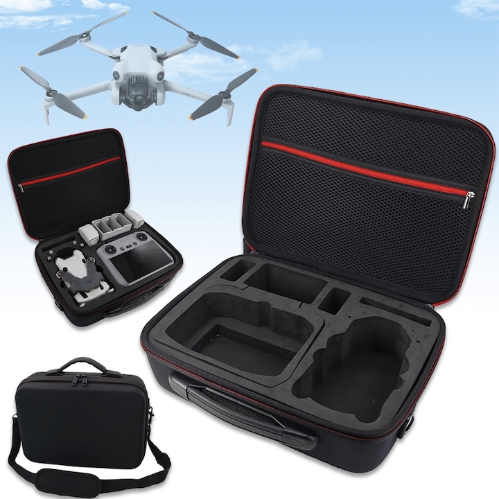 Geanta De Transport, Noonedibs, Pentru Dji Mini 4 Pro Dji Rc 2 / Dji Rc N2 Fly More Combo, Impermeabil si rezistent la socuri, Portabil, fermoar dublu, Cu Curea si Maner, Buzunar interior din plasa, Captuseala interioars EVA, Nylon, 31x23x11cm, Negru