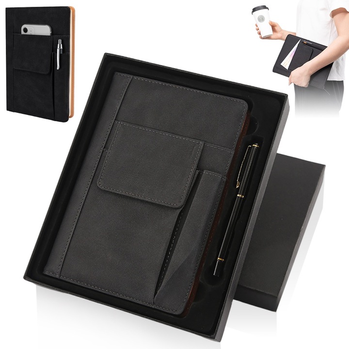 Agenda tip portofoliu A5, Noonedibs, 100 Pagini, Pix metalic, Design Modern, cu buzunar frontal pentru telefon, 210mm*145mm, nedatata, Cutia Cadou Incluse, calatorii, coperta cartonata, Negru