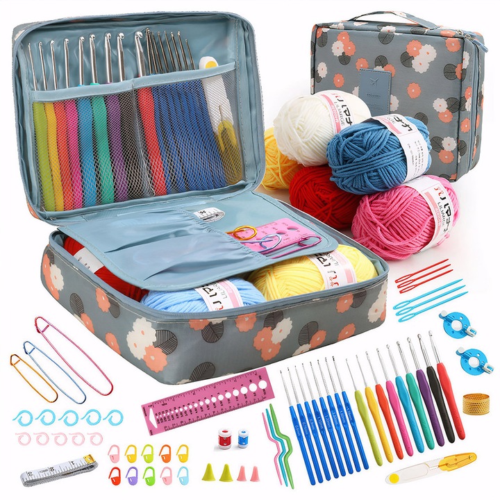 Kit de crosetat, Noonedibs, 67 accesorii, Usoare si durabile, Cu geanta depozitare, Usor de transportat, Pentru incepatori cat si avansati, Este pentru bunica, sotia si familia cadou perfect, Pentru calator, adulti, copii, incepatori, Multicolor