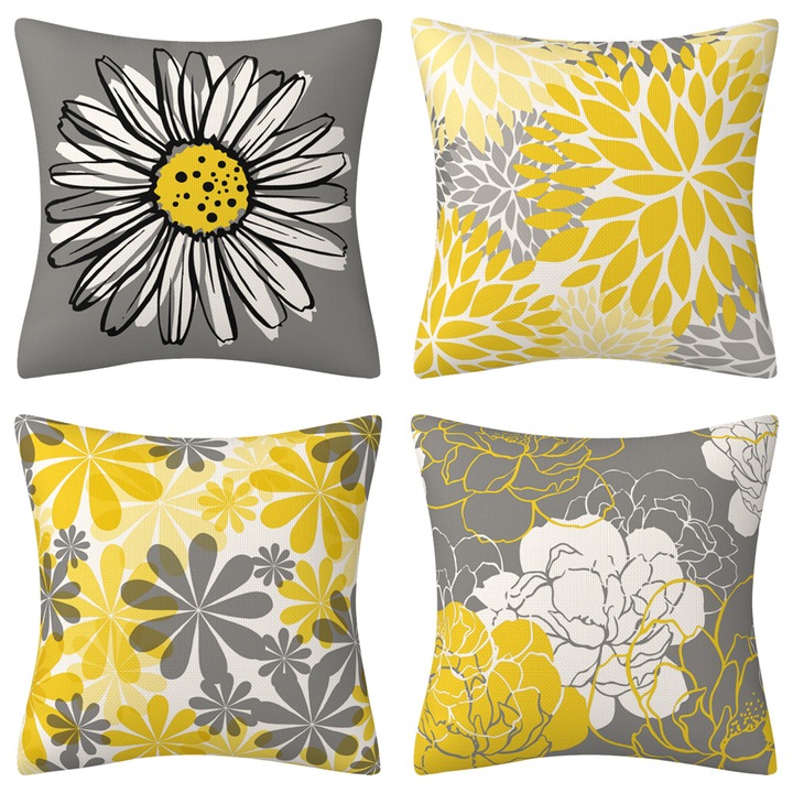Set 4 huse de perna cu imprimeu floare soarelui, Sunmostar, galben, 45x45cm