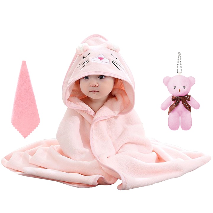 Prosop de Baie cu Gluga pentru Bebelusi, Yefound®, Super Absorbant, Moale si Pufos cu Capison pentru Copii, 80X80 cm, 3buc, Roz