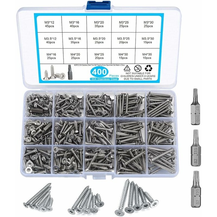 Set 400 suruburi autofiletante QttvbTna, inox, Torx, M3/M3.5/M4, 12-35mm