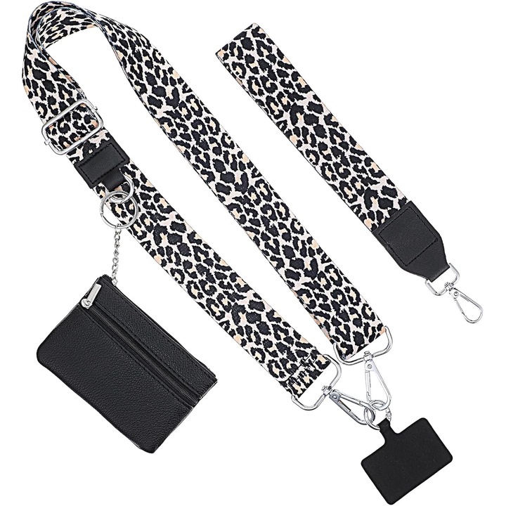 Crossbody telefonszíj cipzáras tokkal, univerzális csuklópánt pénztárcapánttal (leopárdmintás)