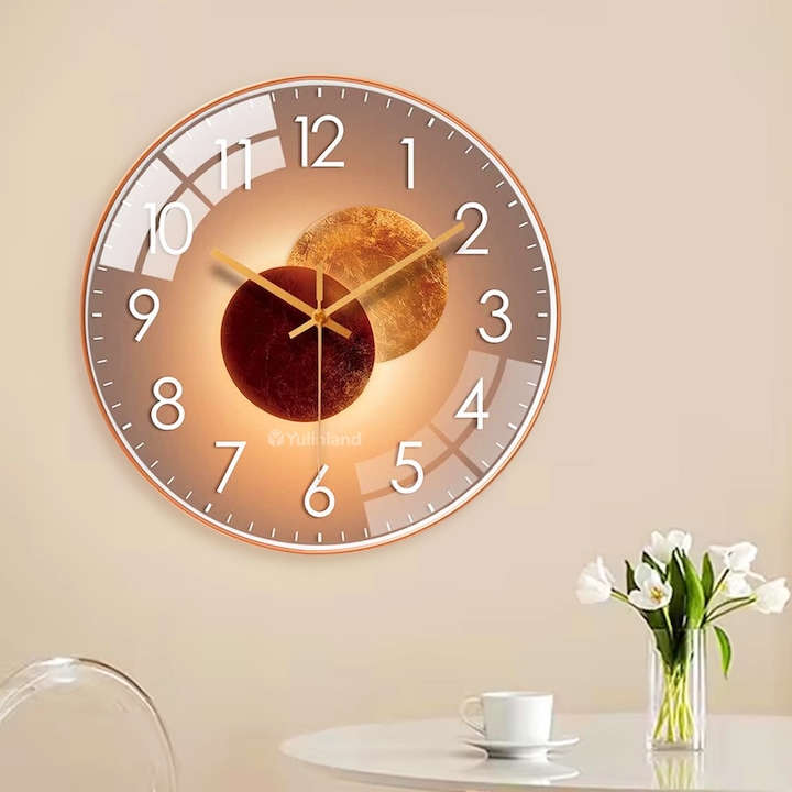 Ceas Perete Decorativ, Yulinland®, Miscare Ultra-usoara Quartz, Silentios, 30cm, Sticla / Plastic, Potrivit pentru Camera de Zi, Dormitor, Bucatarie, Birou, PAlimentat cu baterie, Auriu