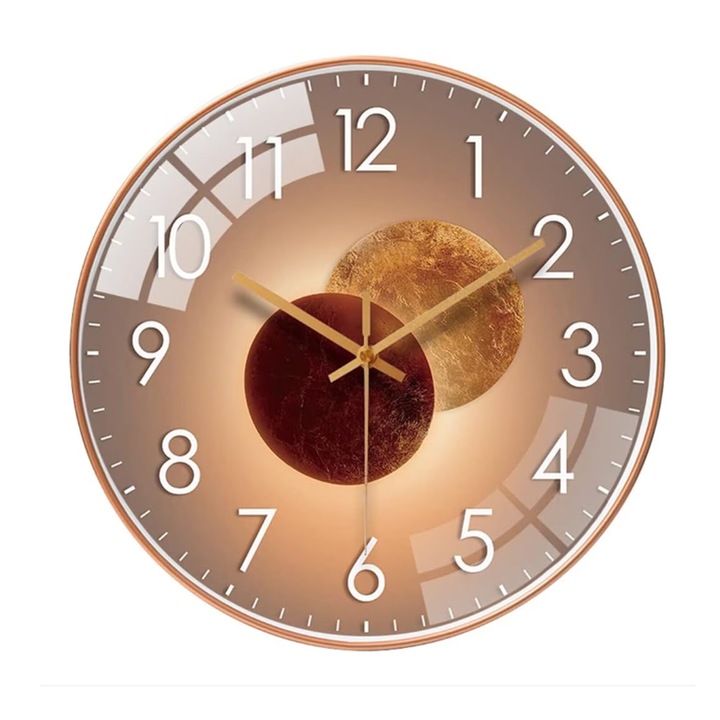 Декоративен стенен часовник, Yulinland®, ултра-гладък кварцов механизъм, безшумен, дисплей с арабски цифри, 30 см, стъкло/пластмаса, подходящ за всекидневна, спалня, кухня, офис, индустриален стил, захранван с батерии, златен