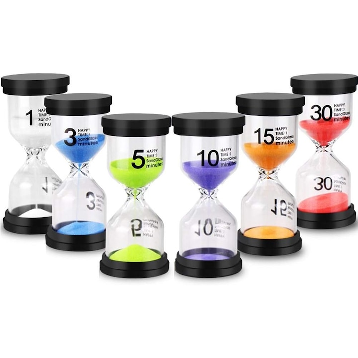 Set 6 Clepsidre cu Nisip Colorat, 1 / 3 / 5 / 10 / 15 / 30 min, Plastic si Sticla, Multicolor, 11 x 4.5 cm