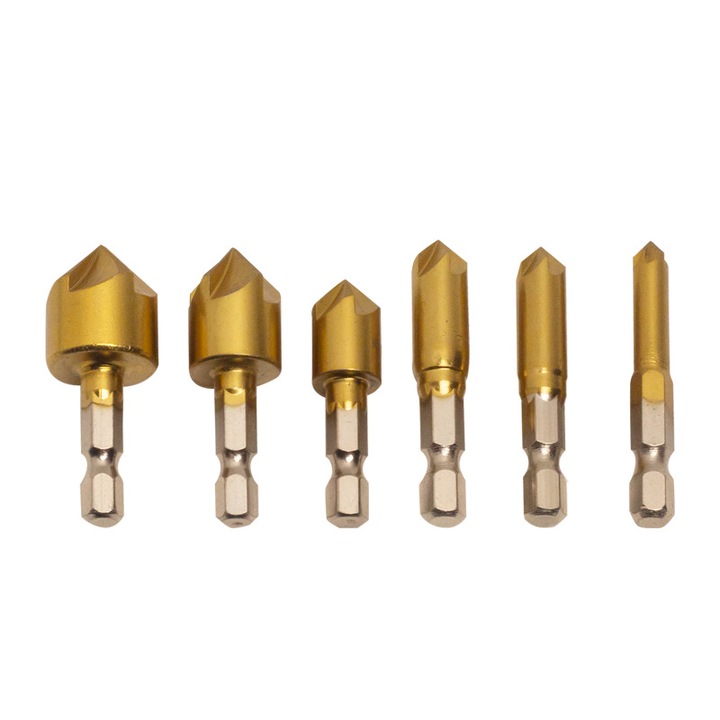 Set 6PC cutite de chamfering cu maner hexagonal, Sunmostar, titaniu placat, 6mm-19mm, auriu