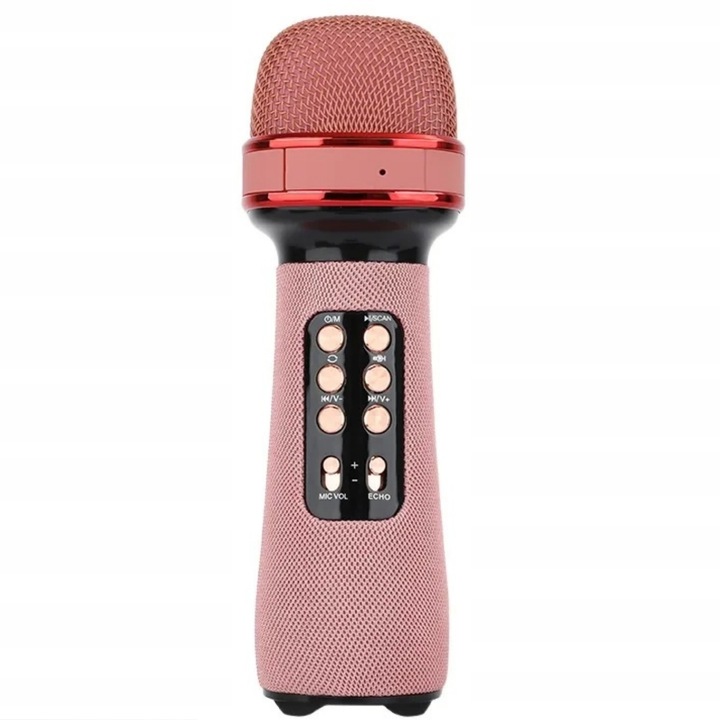 Microfon Wireless Karaoke fara fir, 4 efecte voce, cu acumulator, boxa inclusa, Radio FM, TF card, USB, inregistrare muzica, Vanaxalife®, Roz