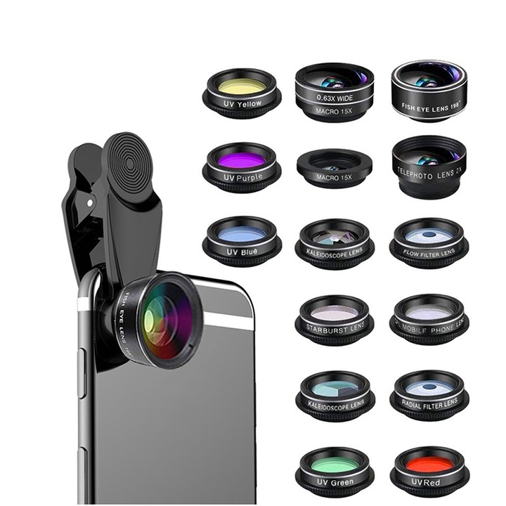 Set lentile 15in1 profesionale pentru telefoane si tablete, Fudisenn®, Fisheye, Macro 15x, Wide, Telescope 2x, Kaleidoscope, CPL, Flow, Radial, Star, cu clip universal, Negru，14.5×10.5×4.5cm