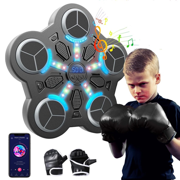 Masina de box muzicala montata pe perete cu manusi de box, 3 viteze si lumina LED, aparat de box inteligent Bluetooth, aparat de box pentru copii si adulti, WALALLA, negru vintage, pentru copii si adulti