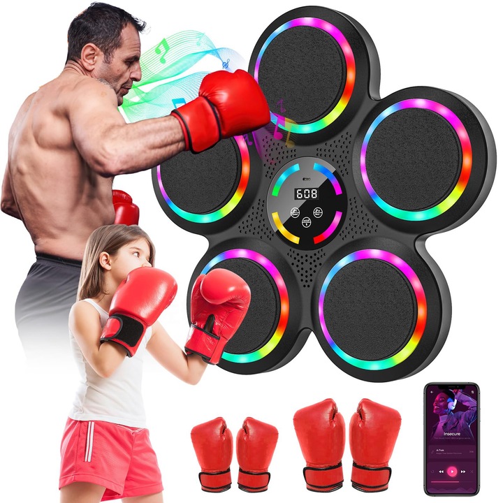 Aparat de box muzical, dispozitiv electronic de box portabil, montat pe perete, cu 2 manusi, 9 viteze, 9 moduri reglabile, numarare automata, conexiune Bluetooth, pentru adulti si copii, WALALLA, Negru | Multicolor