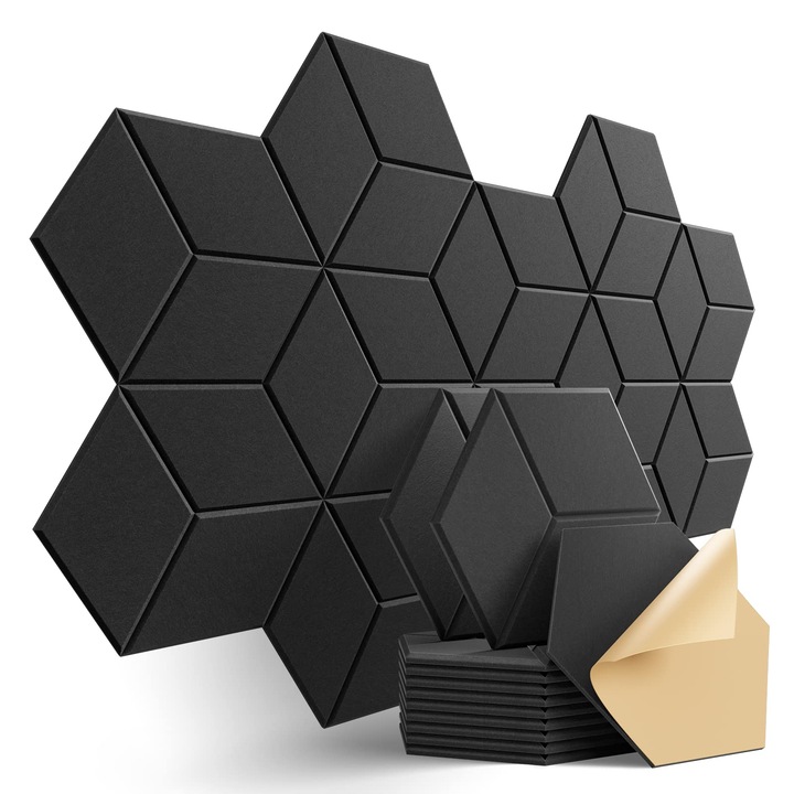 Set 12 panouri acustice, WALALLA, design elegant in forma de Y, ignifug, 30x30x0,9cm, negru diamant