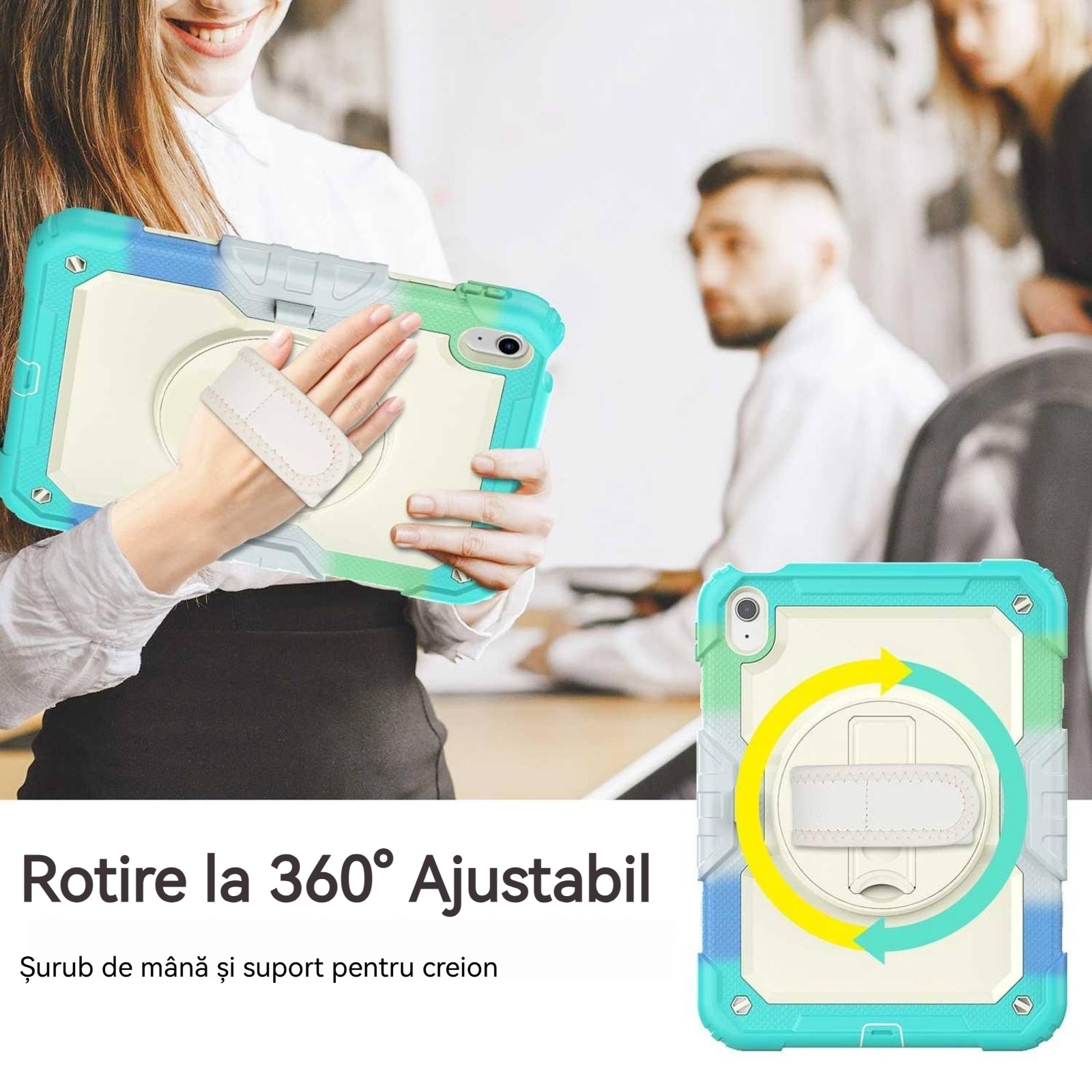 Husa de protectie pentru iPad 10.9 (10th) 2022, Fudisenn, rezistenta la socuri, rotativa 360°, curea de umar, albastru