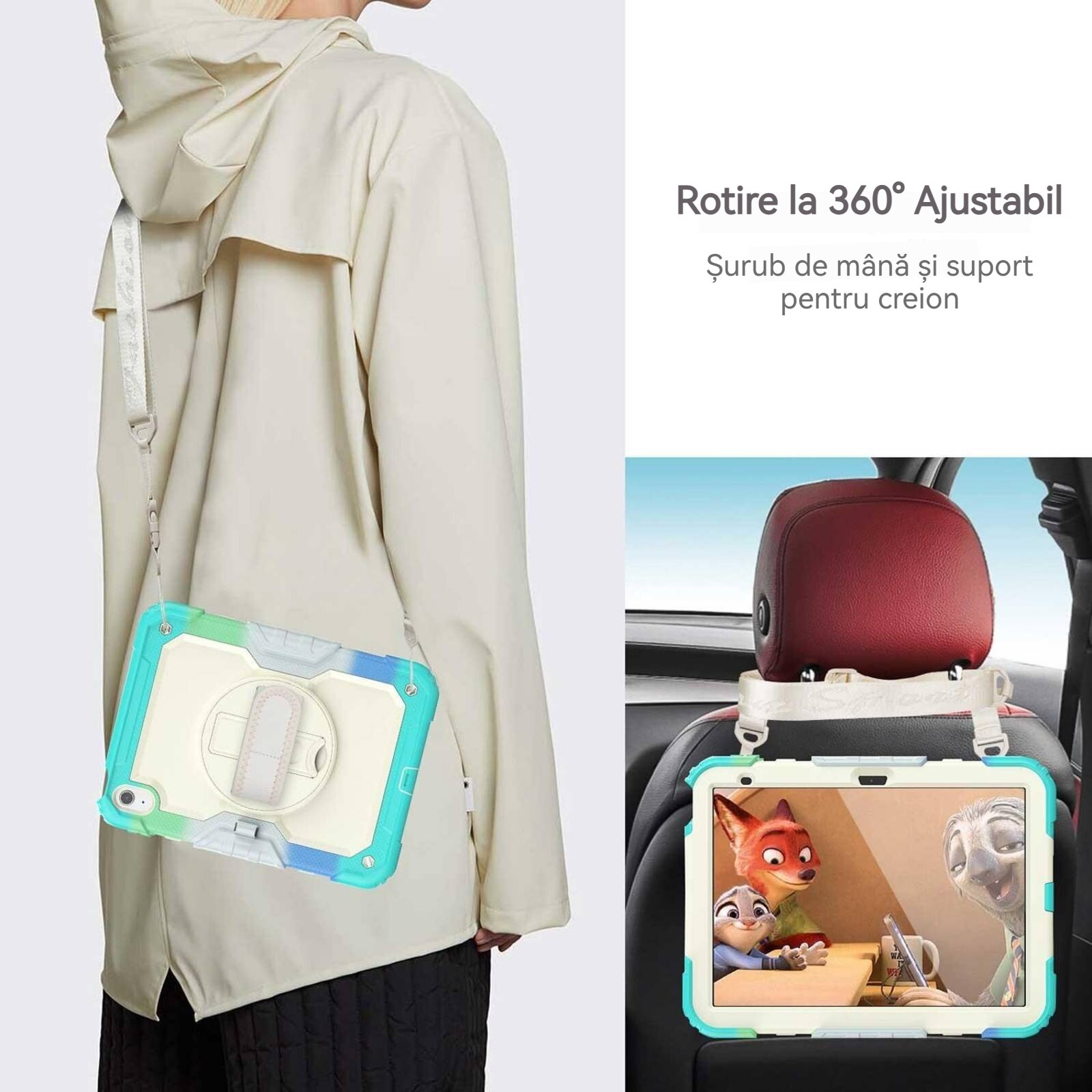 Husa de protectie pentru iPad 10.9 (10th) 2022, Fudisenn, rezistenta la socuri, rotativa 360°, curea de umar, albastru