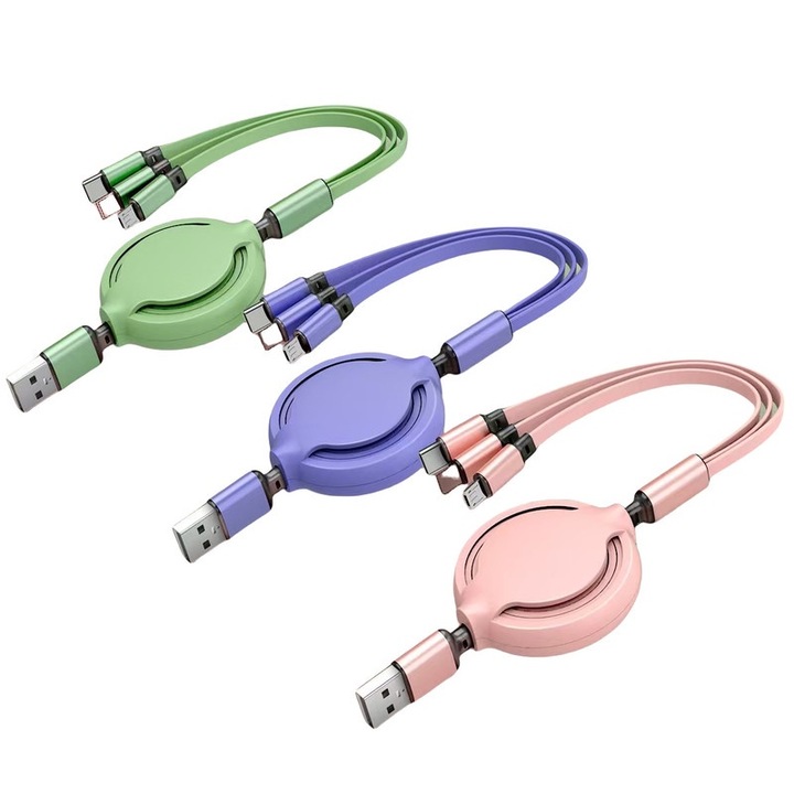 Cablu de incarcare 3 in 1, 70cm, cablu retractabil rapid, USB-C/Micro USB/Lightning, pentru telefoane, tablete, multicolor