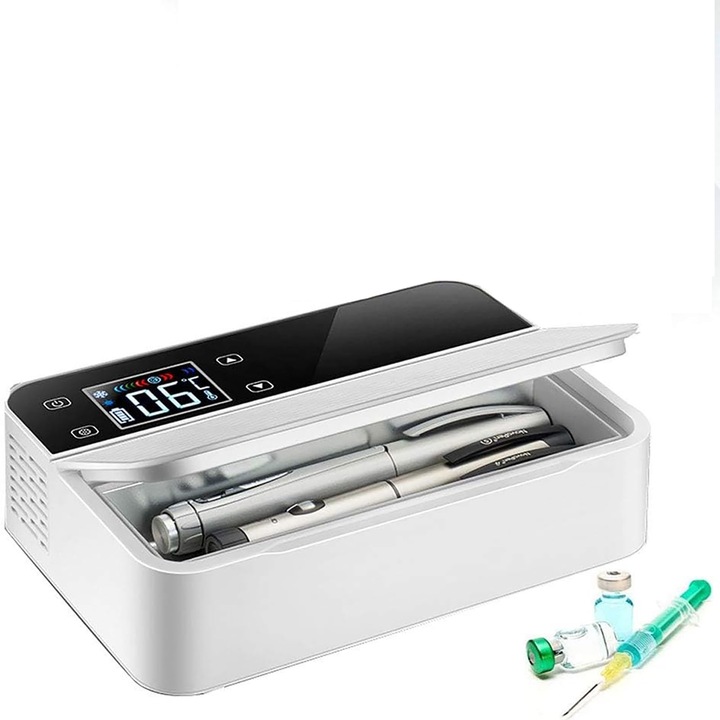 Frigider portabil cu insulina, mini frigider pentru medicamente cu ecran LCD, 0 pana la 18 ℃ reglabil si capacitate mare de 260 ml, temperatura inteligenta constanta si racire rapida, pentru exterior, WALALLA, alb