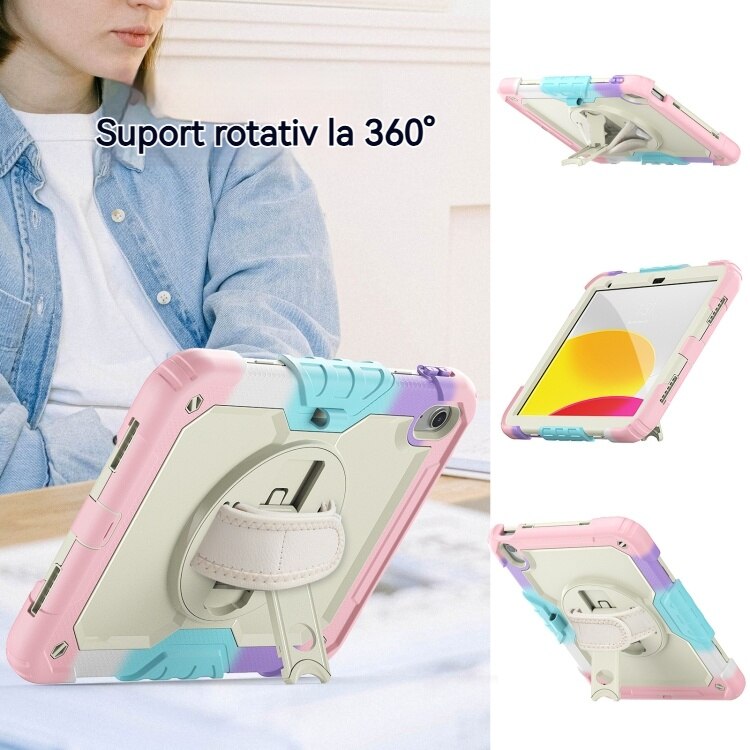 Husa de protectie pentru iPad 10.9 (10th) 2022, Fudisenn, rezistenta la socuri, rotativa 360°, curea de umar, roz
