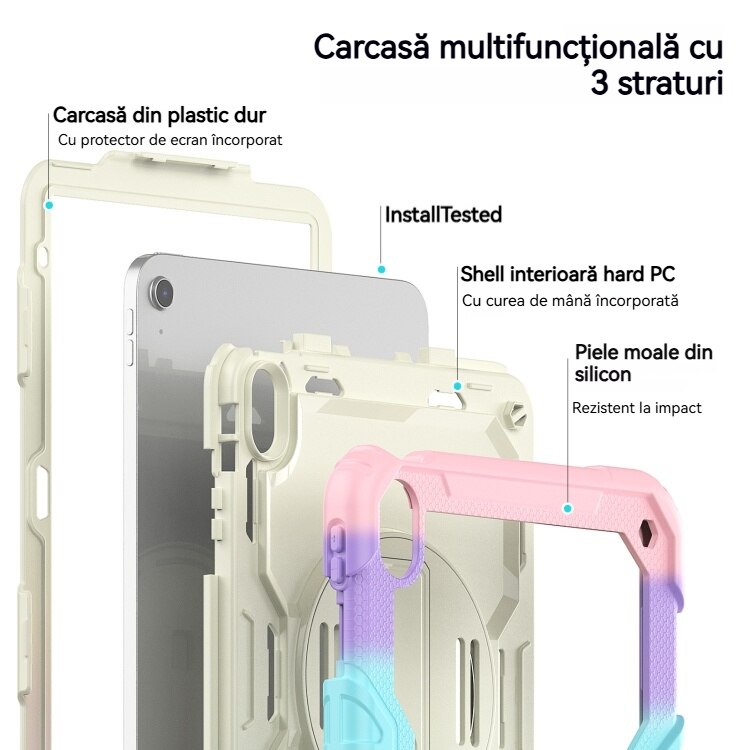 Husa de protectie pentru iPad 10.9 (10th) 2022, Fudisenn, rezistenta la socuri, rotativa 360°, curea de umar, roz