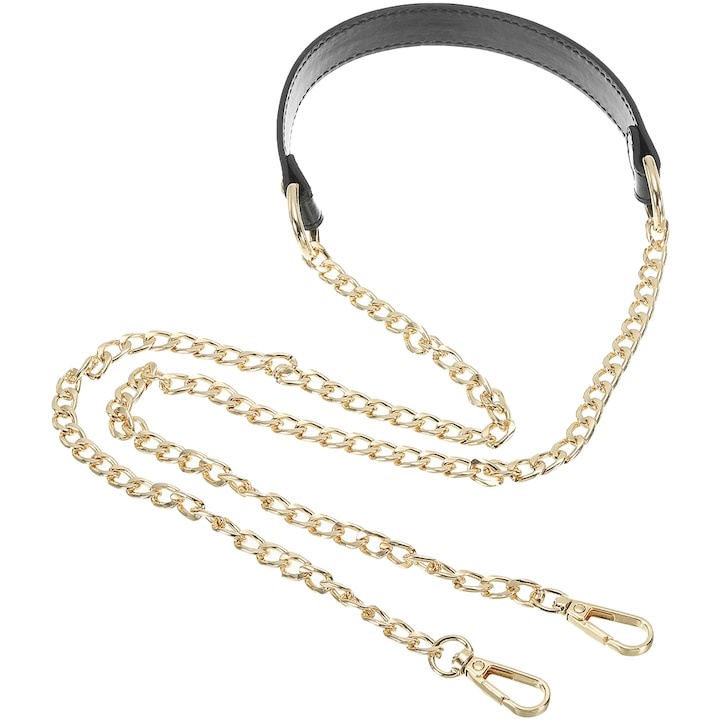 Curea geanta cu lant lung, Minetgnon®, Eliberati va mainile si poate fi purtat cu mana sau in cruce, Cu bareta de umar, Vine cu 2 catarame rotative la 360° din metal, Aliaj/PU, Lungime120 cm, Auriu/Negru