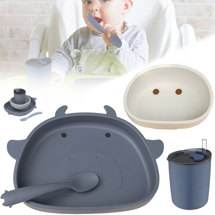 Szilikon etetőkészlet csecsemőknek és gyermekeknek, élelmiszer minőségű szilikon, szívólap, szívótál, szalmacsésze, kanál, 6 hónapnál idősebb, BPA-mentes, allergénmentes, kék/bézs