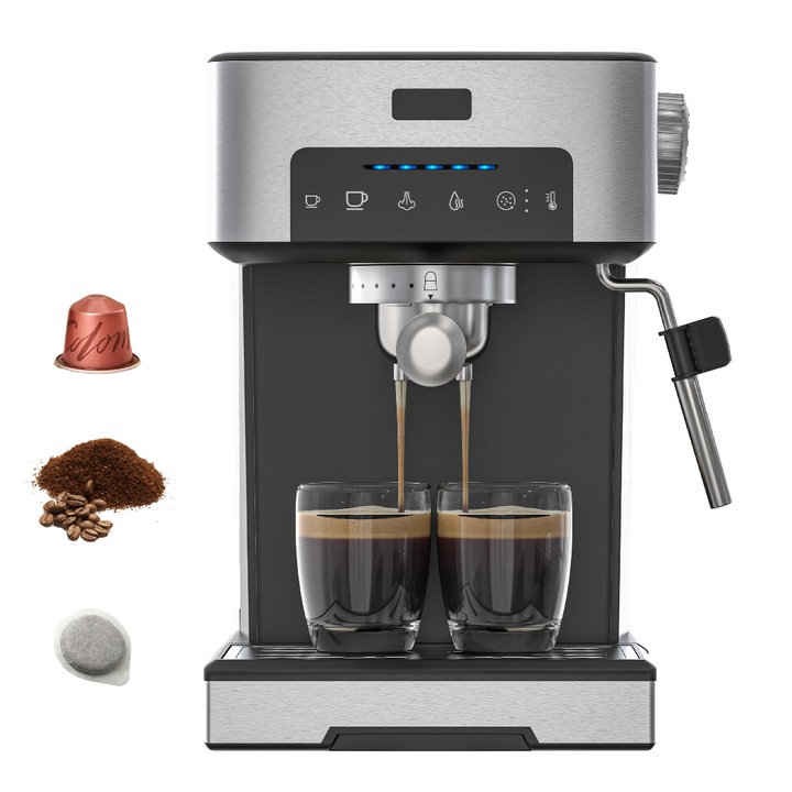Espresso manual, 3 trepte de temp, Capsule Nespresso/cafea macinata/pad cafea, Abur/ apa calda, detartrare automata, eliberare automata a presiunii, preincalzire de 20s, 1, 7L