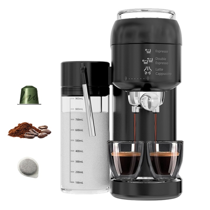 3-in-1 Espresso Manual, Un clik Latte/ Cappuccino, Spumare automata, Rezervor de lapte detasabil, Capsule/cafea macinata/pad cafea, Curatare automat, 1400W, 20bar, negru
