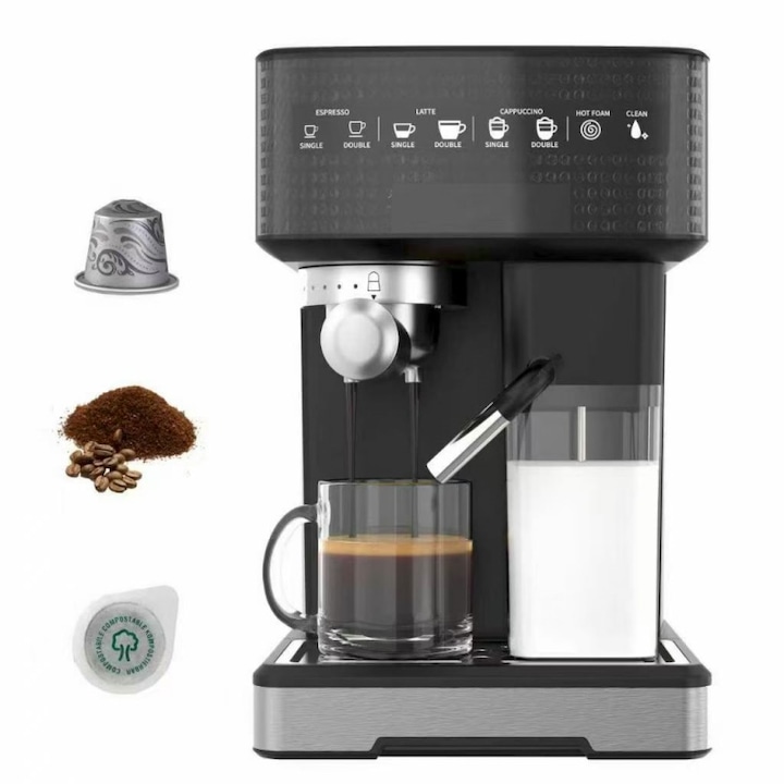 Espresso multifunctional, Un clic Cappuccino/Latte, KOC Recomandari, Capsule/cafea macinata/pad cafea, Spumare/Curatare automata, Dliberare automata a presiunii, Incalzire 20s, 1, 7L, inox