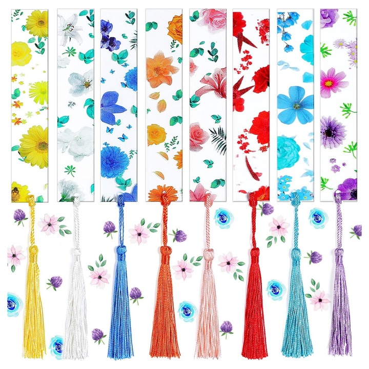 Set 8 Semne de carte cu flori uscate Supertina, rasina, alb/roz, 14x2.5cm, Vanaxalife®, Multicolor