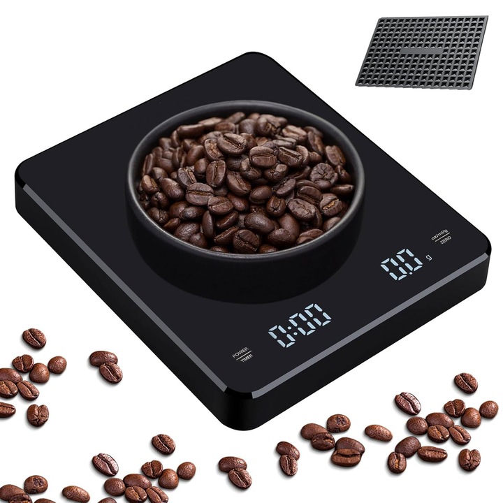 Cantar de Bucatarie pentru Cafea si alte alimente DOMAX, cu Timer, 0.1g~3Kg, Display LCD, incarcare USB Type-C, Negru