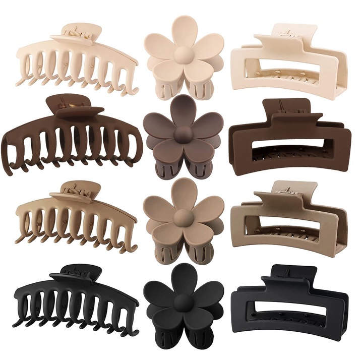 Set 12 clame de par, SINBINTA, 3 Stiluri, Clipsuri de fixare puternica, Rezistent la alunecare, Rezistenta la uzura, Pentru parul gros si subtire, Plastic, 3 dimensiuni, Multicolor