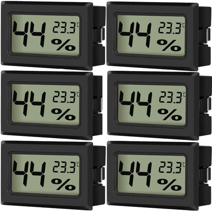 6 db szobahőmérő és páratartalommérő készlet, Hggzeg, intelligens hőmérő/nedvességmérő, digitális, LCD hőmérséklet- és páratartalom kijelző, otthonra, üvegházra, hüllőkre, pincékre, pincében, iroda, műanyag, 47 x 28 x 15 mm, fekete