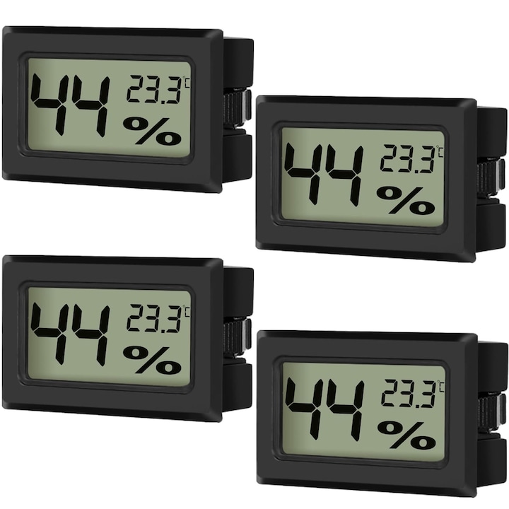 4 db szobahőmérőből és páratartalommérőből álló készlet, Hggzeg, intelligens hőmérő/nedvességmérő, digitális, LCD hőmérséklet- és páratartalom-kijelző, otthonra, üvegházra, hüllőkre, pincékre, pincében, irodában, műanyag, 47 x 28 x 15 mm, fekete