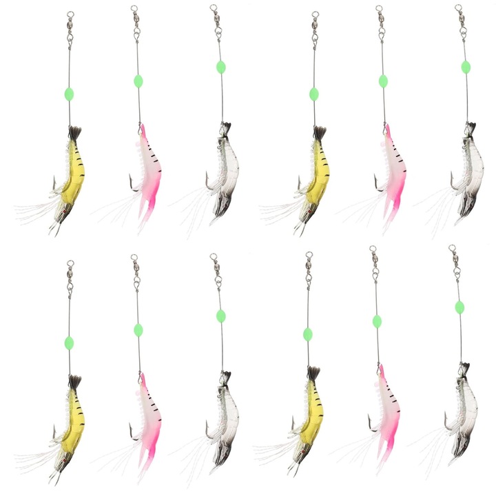 Set 12 naluci, SINBINTA, Forma de creveti, Efect realist 3D, Elasticitate excelenta si rezistenta la muscatura, Reutilizabil, Usor de transportat si de utilizat, Pentru apa sarata si apa dulce, PVC, 9.5cm, Multicolor