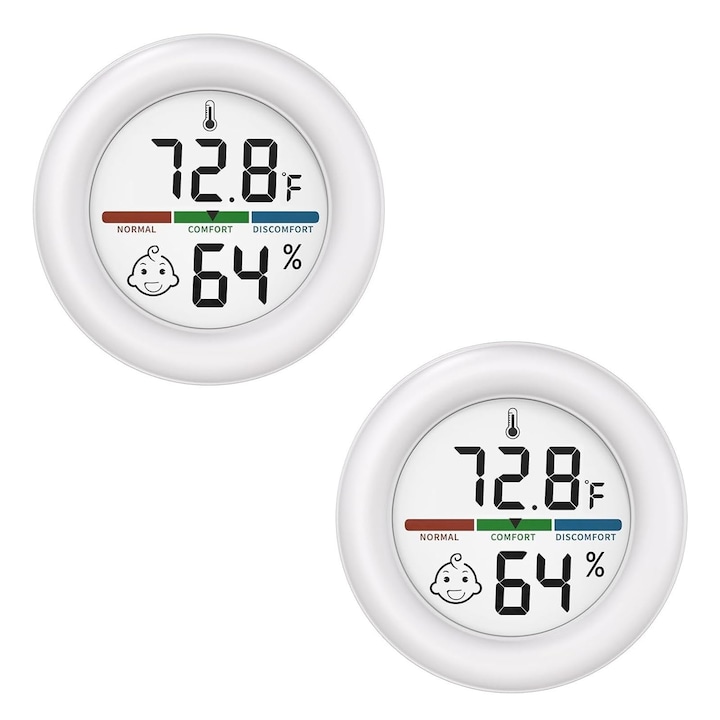 2 db szobahőmérő és páramérő készlet, Hggzeg, Intelligens hőmérő/Hygrométer, Digitális, LCD hőmérséklet és páratartalom kijelző, Komfort jelző, 3 rögzítési fajta, Otthonra, üvegházra, hüllőkre, pincékre, ABS, 63 x 63 x 17 cm, Fehér