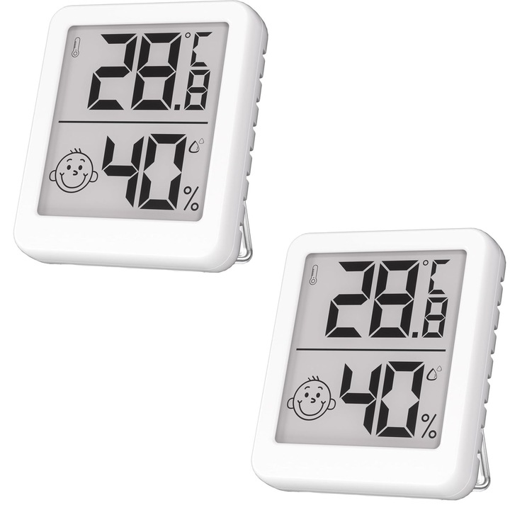 2 db szobahőmérő és páramérő készlet, Hggzeg, Intelligens hőmérő/nedvességmérő, Digitális, LCD hőmérséklet és páratartalom kijelző, Komfort jelző, 3 rögzítési fajta, Otthonra, üvegházra, hüllőkre, pincékre, ABS, 52 x 45 x 11 cm, Fehér